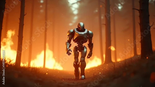 Robot walking through burning forest