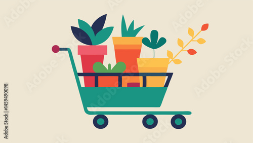 Shopping Cart of Plants A shopping cart filled with various potted plants and flowers emphasizing the idea of purchasing living items instead of consumer goods.