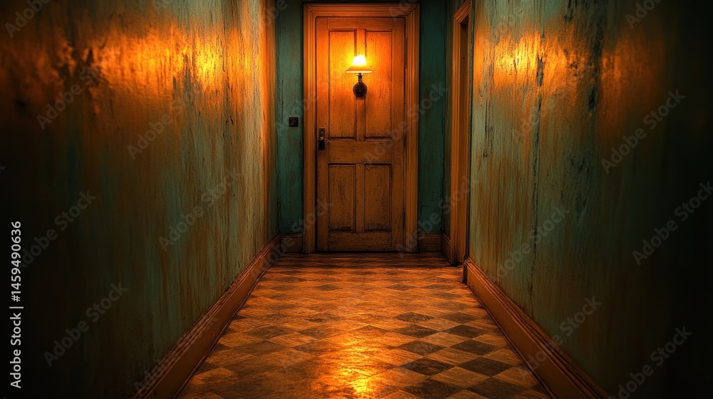 Obraz premium Dimly lit hallway with aged walls, checkered floor, and a solitary door.