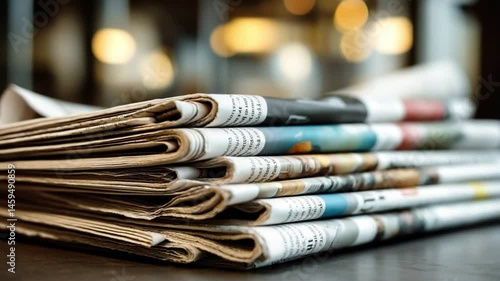 A stack of newspapers on a wooden table, with blurred lights in the background, symbolizing news