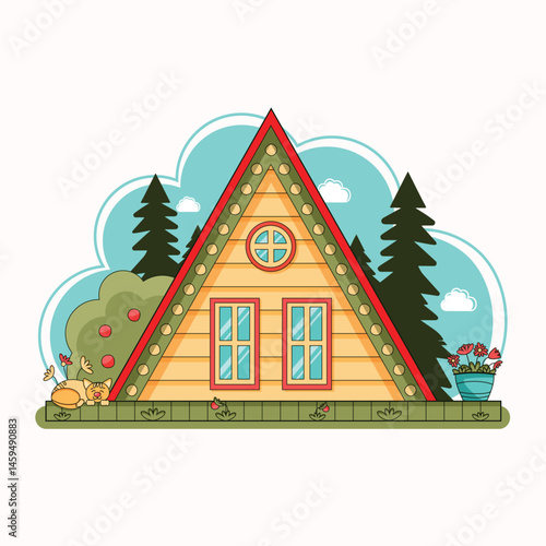 Wooden A-frame house among the fir trees in nature with a cat and flowers on the porch. Cozy triangular house. Triangle-shaped wood cabin. Nordic summer holiday home. Vector illustration in flat style