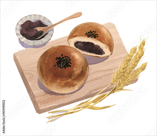 木製のカッティングボードに盛り付けたあんぱんのイラスト