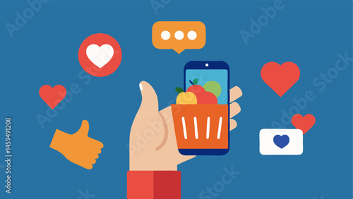 Social Media Interaction A closeup view of a hand holding a smartphone with numerous floating hearts and thumbsup icons around it symbolizing social media engagement. This hand is