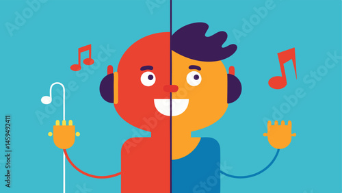 Split Screen Contrast This illustration shows two panels side by side. The left panel depicts the character joyfully plugging in their earphones with musical notes floating around