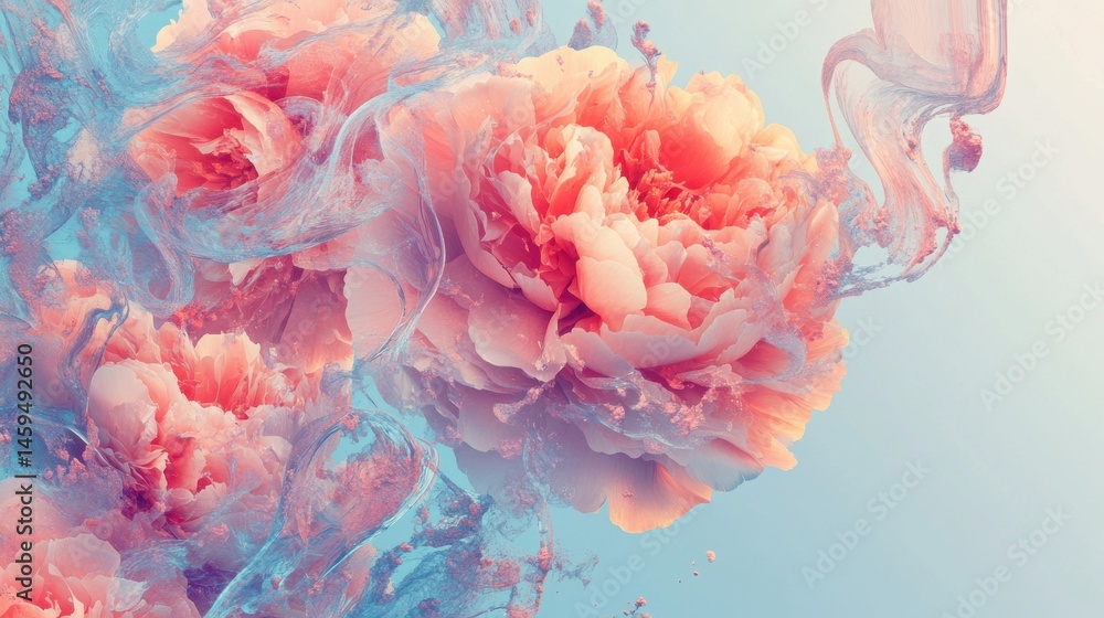 Soft pink peonies against a light blue background, painted in an impressionistic style. Soft pink peonies against a light blue background, painted in an impressionistic style.