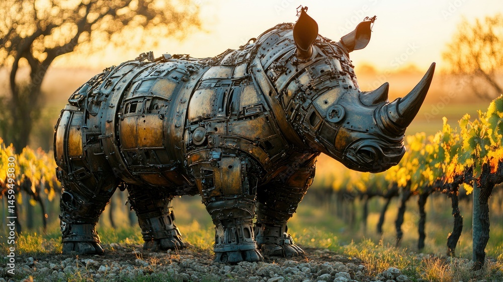 Fototapeta premium Rustic iron rhinoceros statue constructed from agricultural equipment parts, placed in a vineyard at golden hour