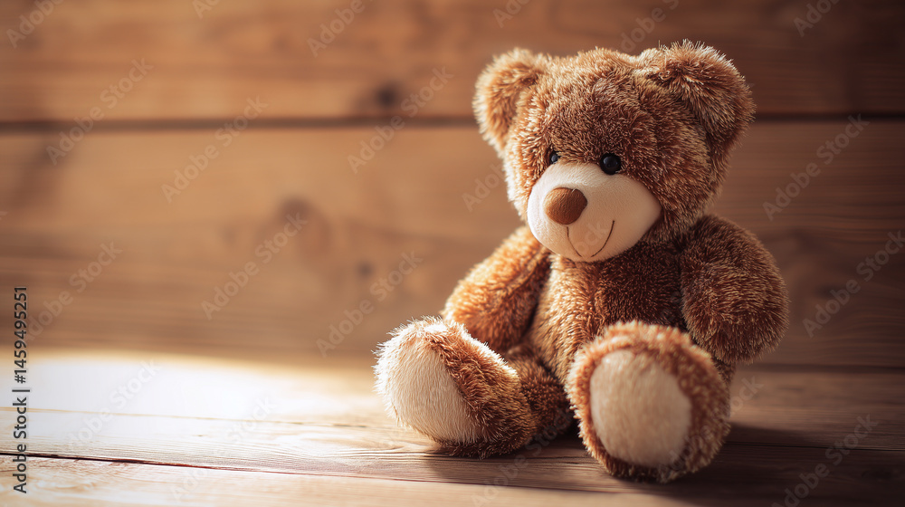 Fototapeta premium Cute teddy bear sitting on wooden surface in natural light 