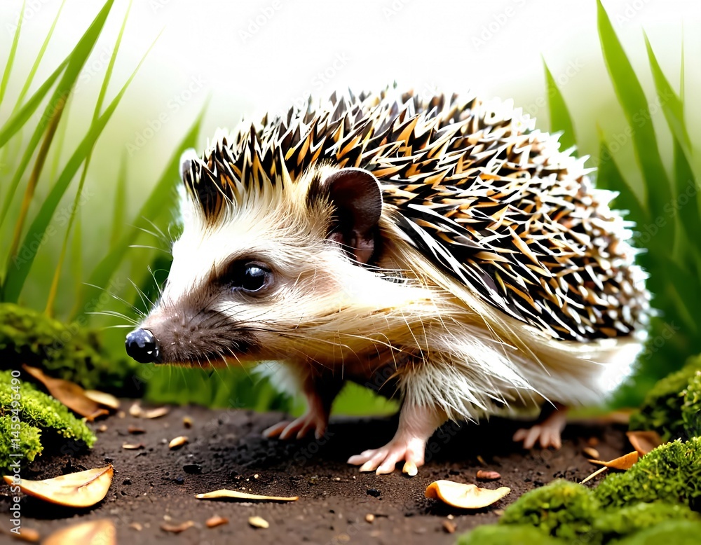 Naklejka premium cute hedgehog closeup, animal, mammal, spines, prickly, pet, nature, wildlife, small, tiny, brown, white, fur, creature, adorable, animal, mammal, spines, prickly, pet, nature, wildlife, small, tiny,