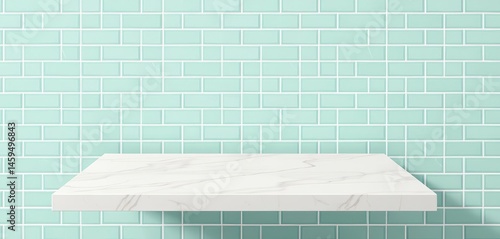 Clean white marble tabletop on mint green tile background Ideal for product display, minimalist ads,  tiles,  shot