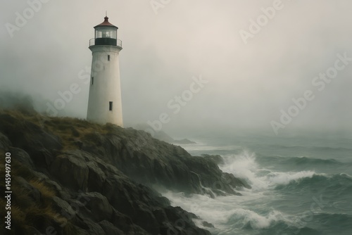 Wallpaper Mural A white lighthouse stands alone on a mist-covered cliff, guiding ships through the fog as waves crash along the rugged coast. Torontodigital.ca