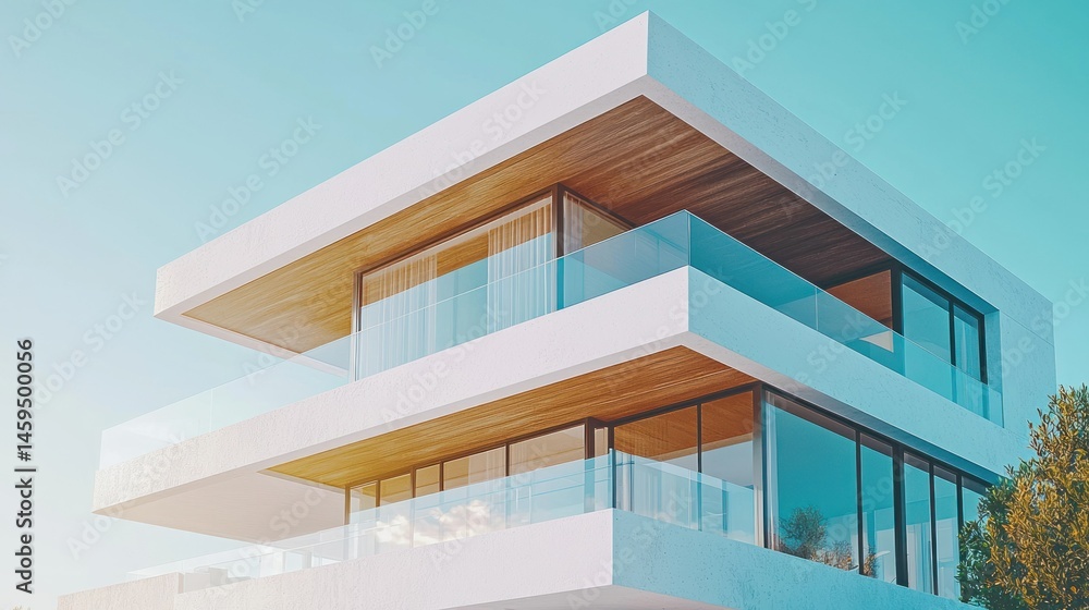 Fototapeta premium Modern two-story house with sleek design, glass balconies, and a wooden roof overhang