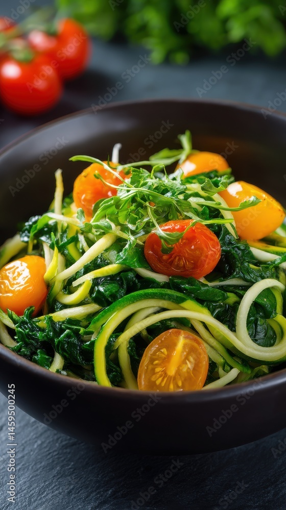 Zucchini Noodle Salad with Spinach and Tomatoes in Dark Bowl on Slate Surface Zucchini Noodle Salad with Spinach and Tomatoes in Dark Bowl on Slate Surface