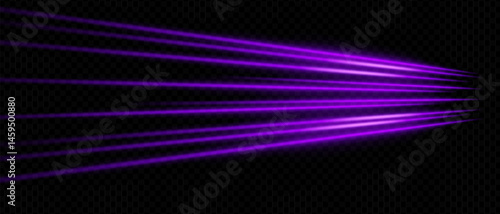 Purple directional light rays with neon glow on transparent background. Ideal for sci-fi interfaces, spotlight scenes, or data visuals.