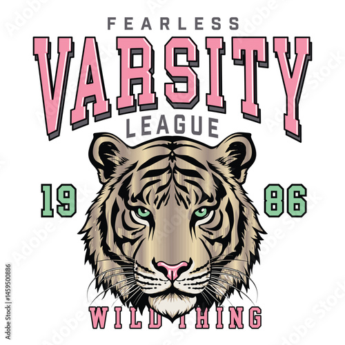 Tiger face varsity league. Retro college varsity typography california slogan with golden tiger face print. Fearless varsity league 1986 wild think, foil, poster, sports for t-shirt graphic