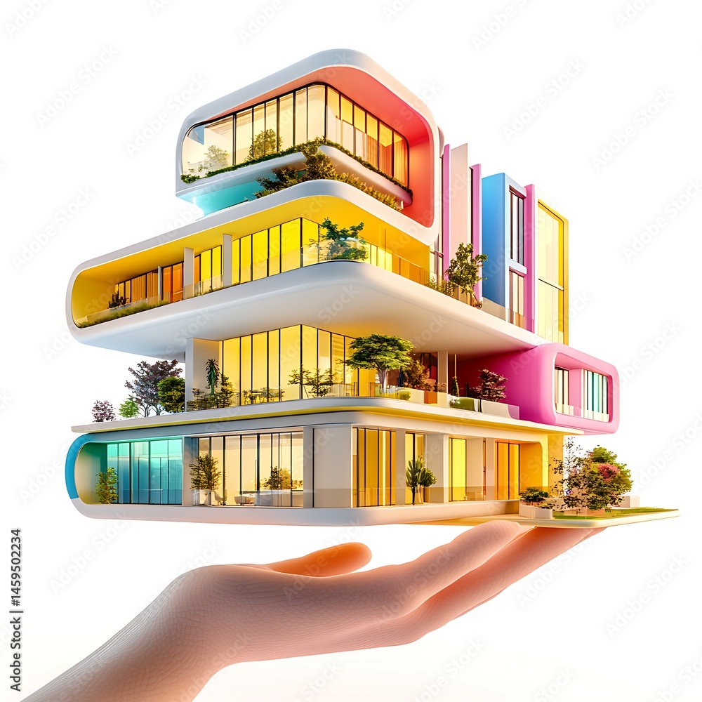 Fototapeta premium Colorful modern building held in hand