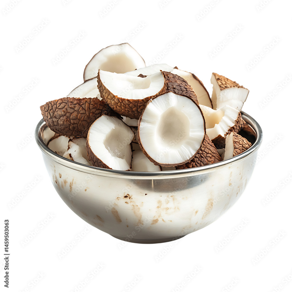 Lychee Coconut Blend in Stainless Steel Bowl Isolated on Transparent Background Lychee Coconut Blend in Stainless Steel Bowl Isolated on Transparent Background