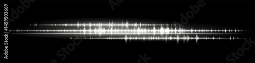 Soundwave. White glowing audio waveform with reflection on dark background. Suitable for sound analysis, podcast design, music streaming, audio recording and tech interface.