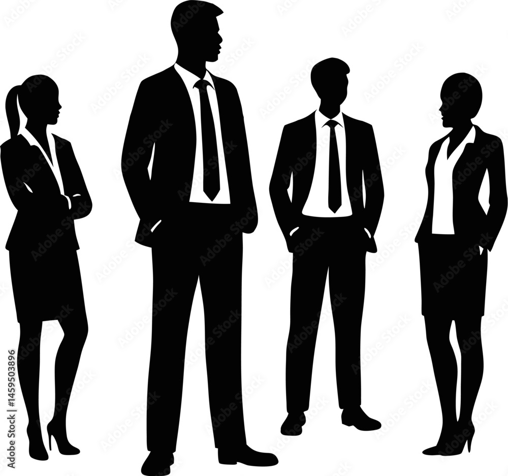 Striking Corporate Team Silhouette Vector Illustration of Four Professionals in Formal Attire Engaging in Dynamic Interaction Striking Corporate Team Silhouette Vector Illustration of Four Professionals in Formal Attire Engaging in Dynamic Interaction