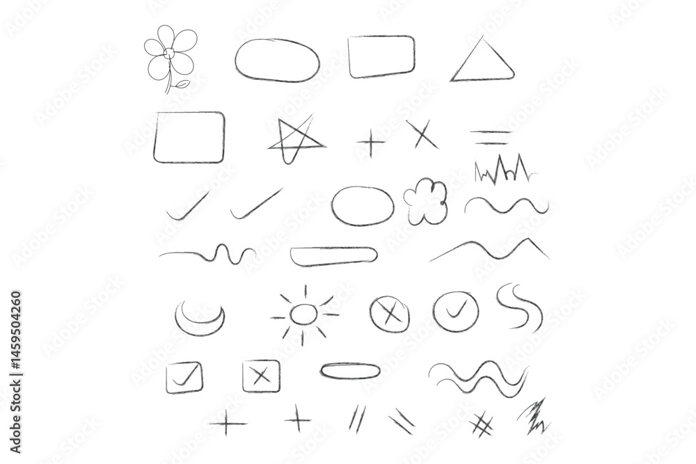 Brush sketch set of hand drawn shape underline highlight swirl arrow symbol icon element vector illustration for graphic design. Brush sketch set of hand drawn shape underline highlight swirl arrow symbol icon element vector illustration for graphic design.