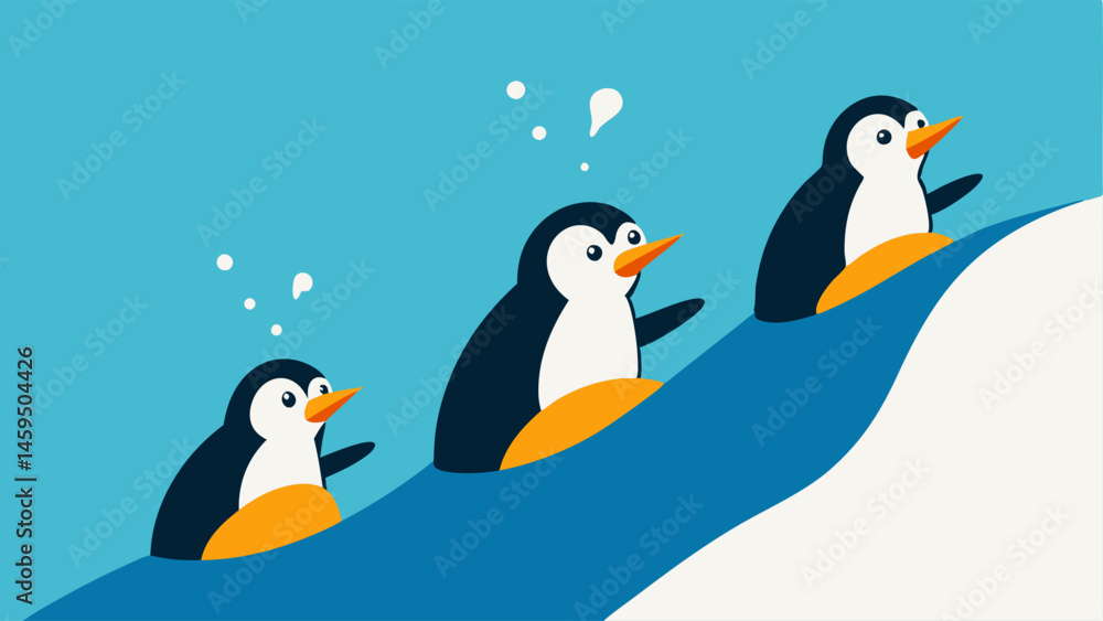 Fototapeta premium Race to the Splash A competitive scene shows several penguins in a racing formation sliding down the slope. They are neckandneck with flippers flapping and bodies leaning forward.