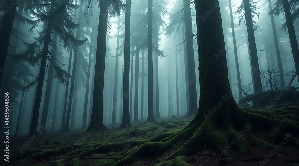 Naklejka premium Photograph of a cedar tree in a mystical forest. Soft dreamy atmosphere. Tall dark green conifers, moss-covered ground, ethereal fog. Soft contrast, soft saturation, hazy, soft light