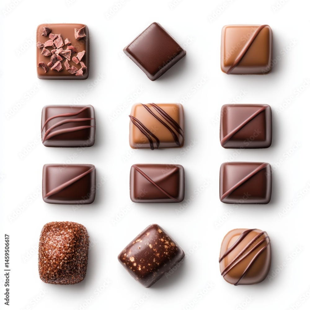 Assorted chocolates in various shapes and fillings. Different shades of chocolate, including dark, milk, and possibly ruby. Delicate designs and textures Assorted chocolates in various shapes and fillings. Different shades of chocolate, including dark, milk, and possibly ruby. Delicate designs and textures