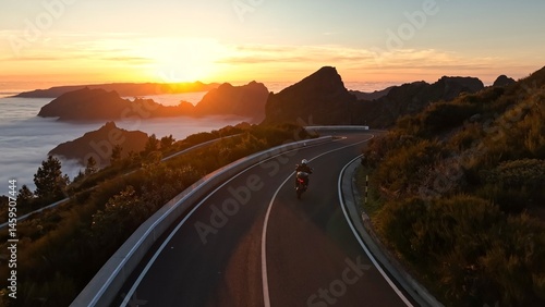Motorcycle Rider Driving in High Mountain Landscape, Madeira Island , Portugal.
