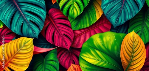 Wallpaper Mural Vibrant monstera leaves, jungle foliage, abstract tropical pattern, background, digital Torontodigital.ca