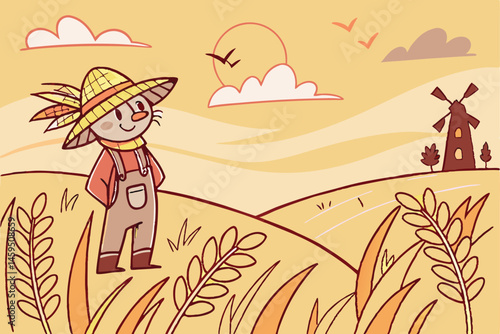 78 Cartoon scarecrow, golden wheat field, sunset sky, distant windmill, warm color palette, impressionist style, whimsical atmosphere, autumn harvest scene, straw hat, patchwork clothes, rustic countr