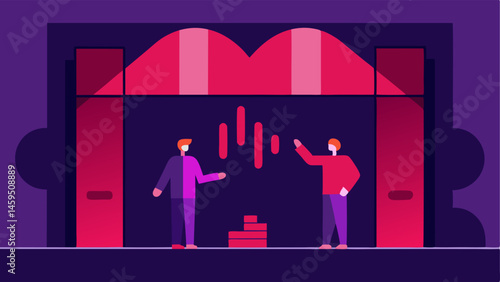 Neon Price Drops A futuristic storefront with large holographic signs indicating price drops in shades of red and purple. A couple stops to look their hands hovering near the