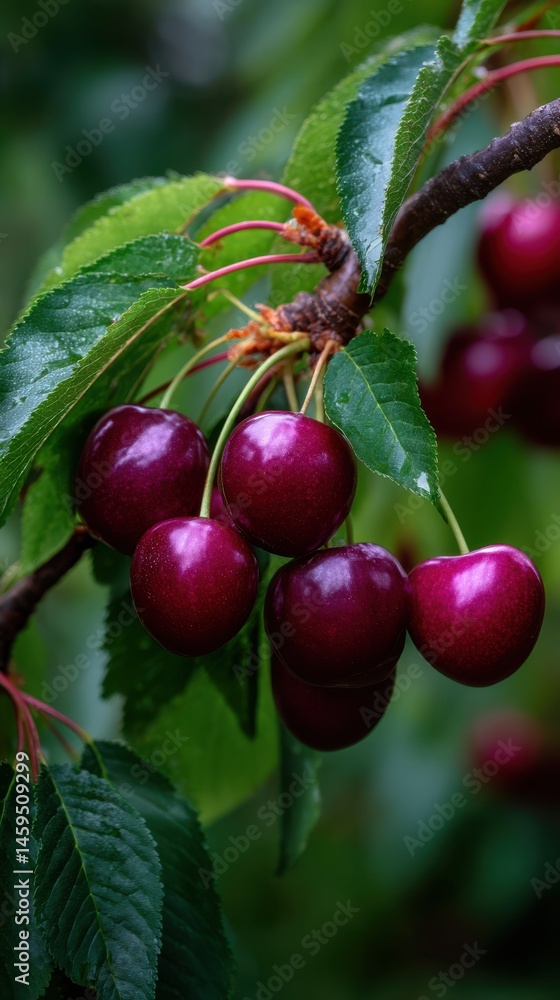 Close-up of dark red cherries hanging from a branch with green leaves on a tree, showcasing ripeness and freshness. Close-up of dark red cherries hanging from a branch with green leaves on a tree, showcasing ripeness and freshness.