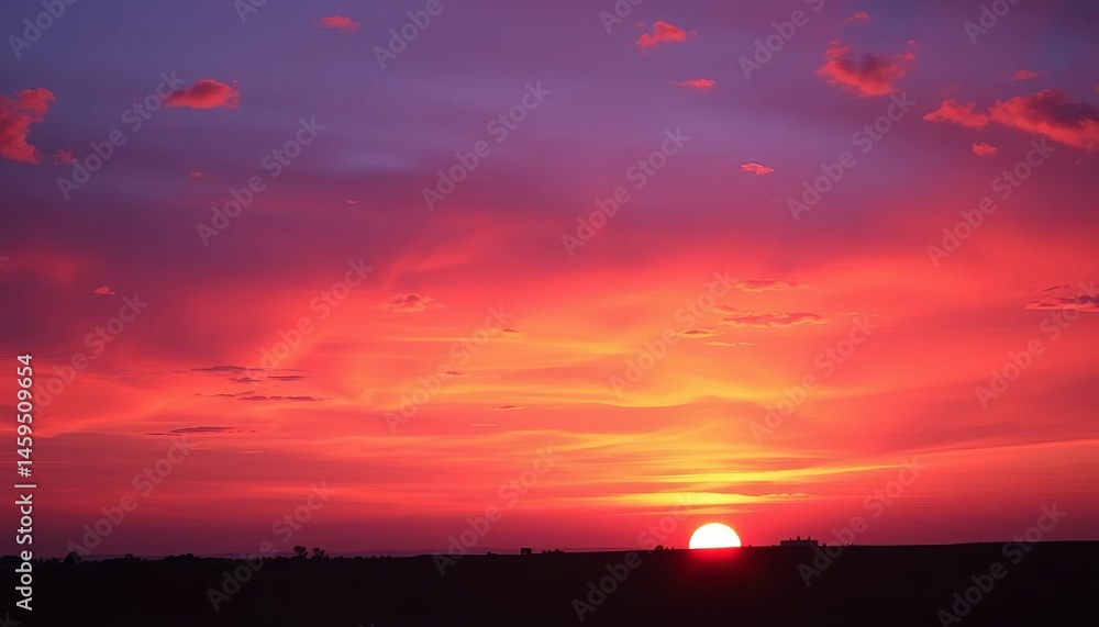 Fototapeta premium Vibrant orange and purple hues paint the sky as the sun dips below the horizon, vista, dramatic