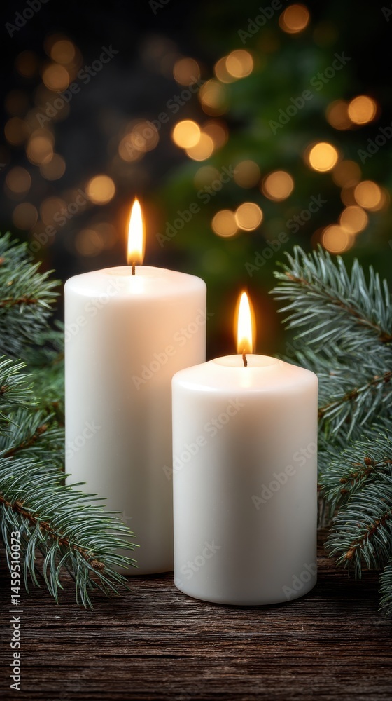 Burning white wax candles with bright flame on rustic wooden surface surrounded by festive evergreen branches, bokeh lights background Burning white wax candles with bright flame on rustic wooden surface surrounded by festive evergreen branches, bokeh lights background