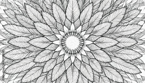 Intricate leaf mandala outline for coloring featuring detailed leaf patterns