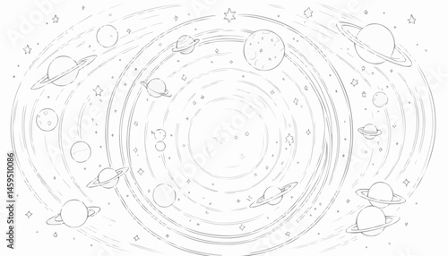 Cosmic galaxy coloring page with stars and planets for relaxation and creativity