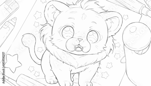 Playful lion cub coloring page surrounded by art supplies for relaxation and creativity