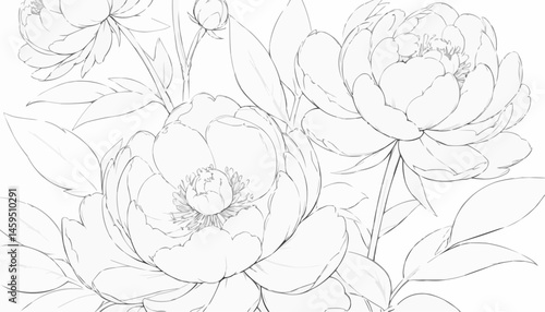Peony flower coloring page with detailed petals and leaves for relaxation and creativity
