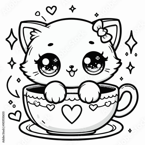 Adorable kitten in a teacup outline surrounded by hearts and sparkles for coloring