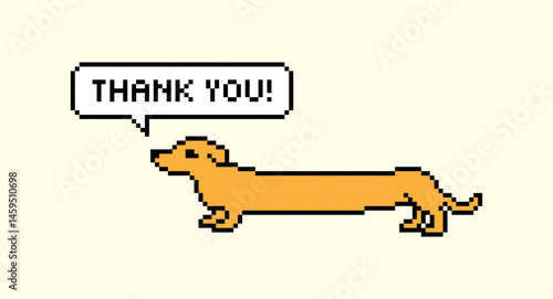 Pixel Fanny Dog with text Thank you on speech bubble. Cute Retro dachshund dog and Thanksgiving. Flat pixelated illustration, Retro gamification marketing 