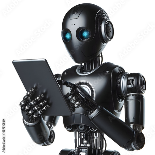Ai robot using tablet isolate on White background