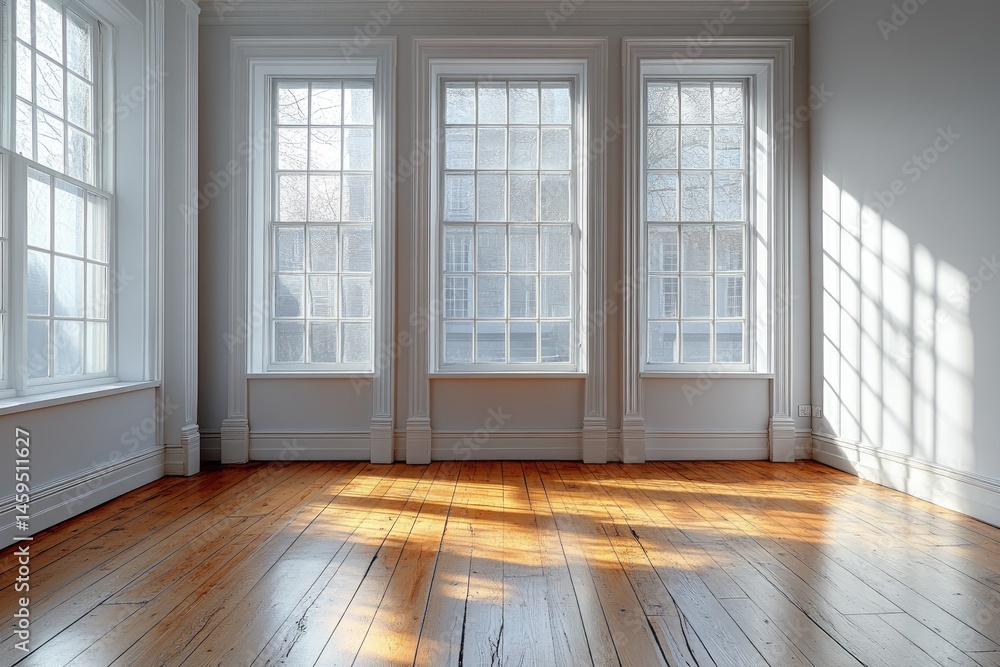 Fototapeta premium Sunny room, hardwood floor, three windows, empty space, interior design