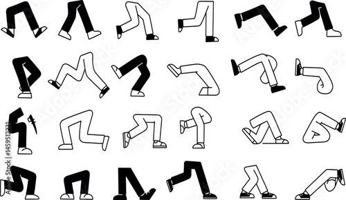Cartoon legs in shoes. Comic retro feet in different poses, funny character mascot foot in boot, leg standing, walking, running, jumping