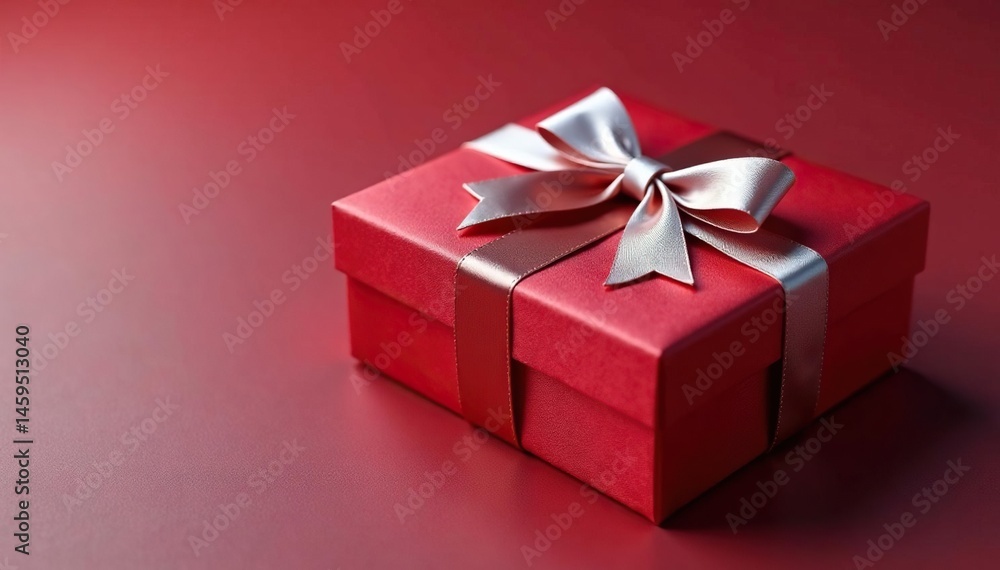 Obraz premium Crimson satin box, silver bow, soft inner light, silver, luxury