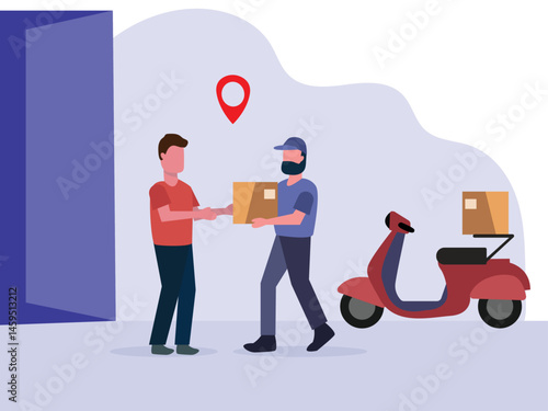 Online home delivery Service concept.delivery man giving package delivery courier to customer vector illustration