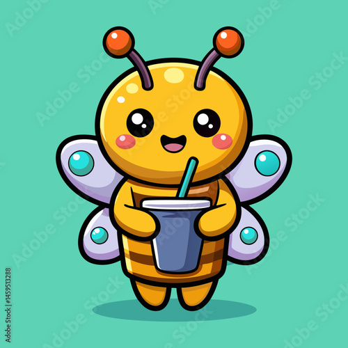 Download Cute Bee Holding Boba Milk Tea Drink Cartoon Vector Icon Illustration Eps File For Design.