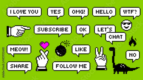Set of Retro Pixel art speech bubbles and pixel icons for Social media. Y2k stickers. Finger heart, Subscribe, Follow me, share. Nostalgia arcade. Game style dialogue box. Futuristic vector design