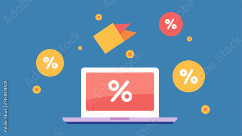 Percentage Symbols Multiple large playful percentage symbols floating around a laptop implying significant savings.