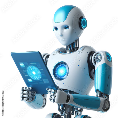 Ai robot using tablet isolate on White background