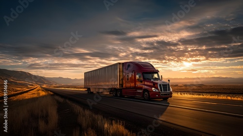 Red semi-truck with a silver trailer driving on an open highway at sunset