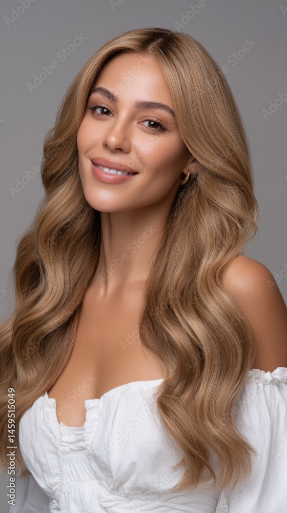 Fototapeta premium Attractive smiling young woman with blonde wavy hair in a white top poses against a neutral background in a studio setting